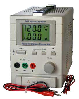 The Anodizer your studio needs! The power to create scintillating colors, run larger baths and precise control. It is the right power supply for both one of a kind and production anodizing of body jewelry. Full digital voltage and amperage meters. 0 to 120 Volts. Extremely fine controls for more color options, and more precision. Anodizing titanium parts such as jewelry before sterilization and wear renders the surface smoother and passive. The anodization process removes microscopic particulate matter that would otherwise be missed by acid or alkaline cleaning, solvents, steam and ultrasonic methods. [*Reference - ASTM F-86 standard method for surface finish and passivation] This anodizer include two sets of color coded leads, one pair of rubber gloves, one stainless steel cathode and full instructions and support. In addition, Brian Skellie's body art specific instruction, tips and tricks gathered over two decades of experience to color and passivate titanium and niobium body jewelry with safe and artistic effects. Come to a presentation, or contact Brian for more information