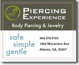 Expert Body Piercer at Piercing Experience Founded 1992, moved to the current location in Candler Park in 1995. I regularly perform piercings and other body modifications by appointment at Piercing Experience and as a guest in other studios in the US and in Europe.